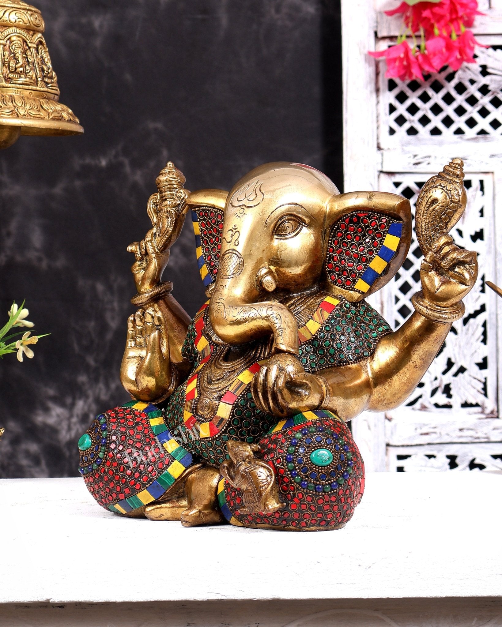 Large Brass Ganesha Statue - 11 Inch beautiful stonework - Budhshiv.com