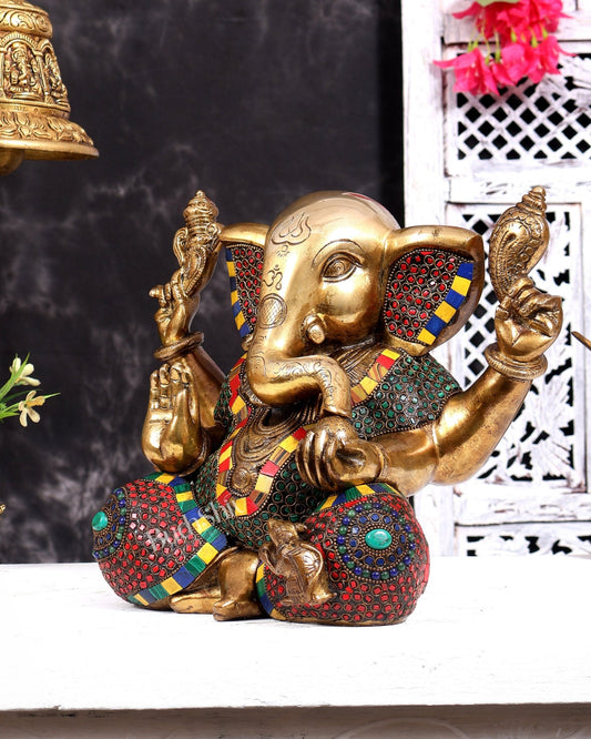 Large Brass Ganesha Statue - 11 Inch beautiful stonework - Budhshiv.com