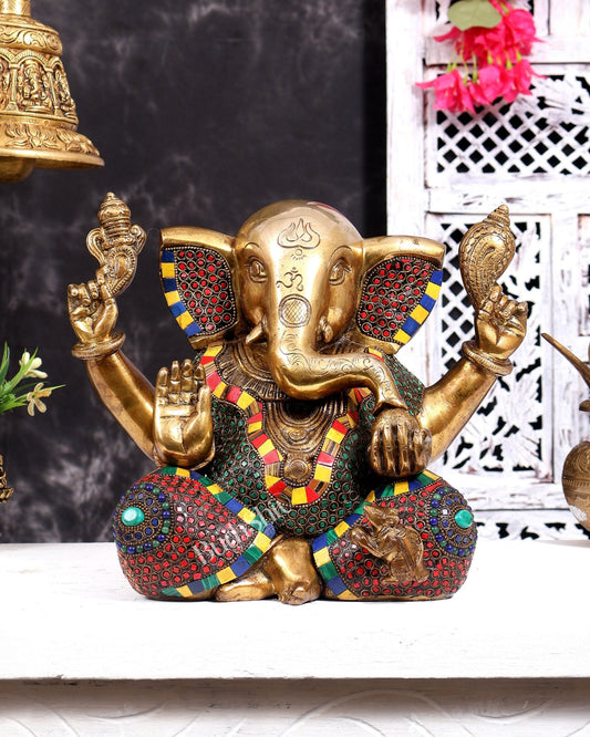 Large Brass Ganesha Statue - 11 Inch beautiful stonework - Budhshiv.com