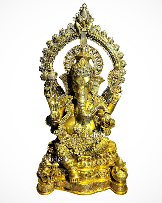 Large Brass Ganesha Statue with Kirtimukha Prabhavali | Temple Grade - Budhshiv.com