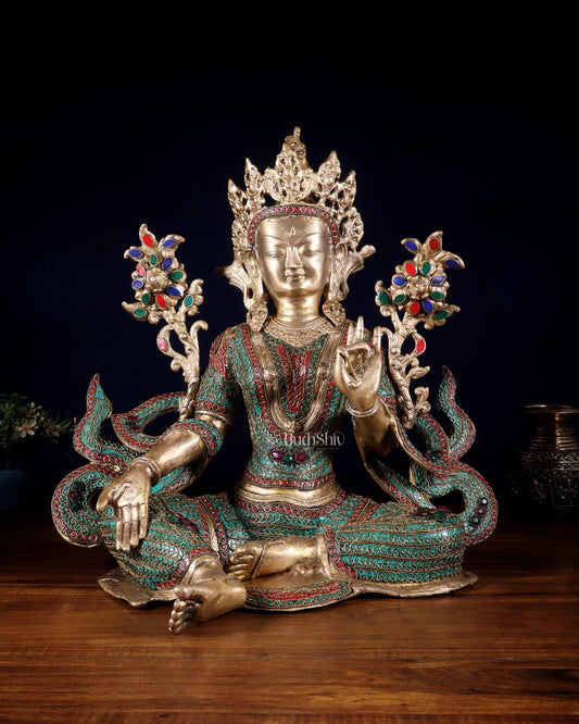 Large Brass Green Tara Statue with Nepalese Meenakari & Stonework | 18.5 Inch - Budhshiv.com