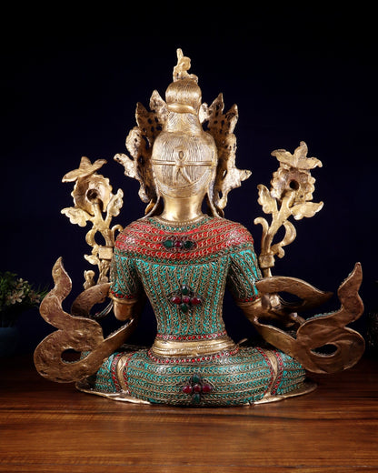 Large Brass Green Tara Statue with Nepalese Meenakari & Stonework | 18.5 Inch - Budhshiv.com