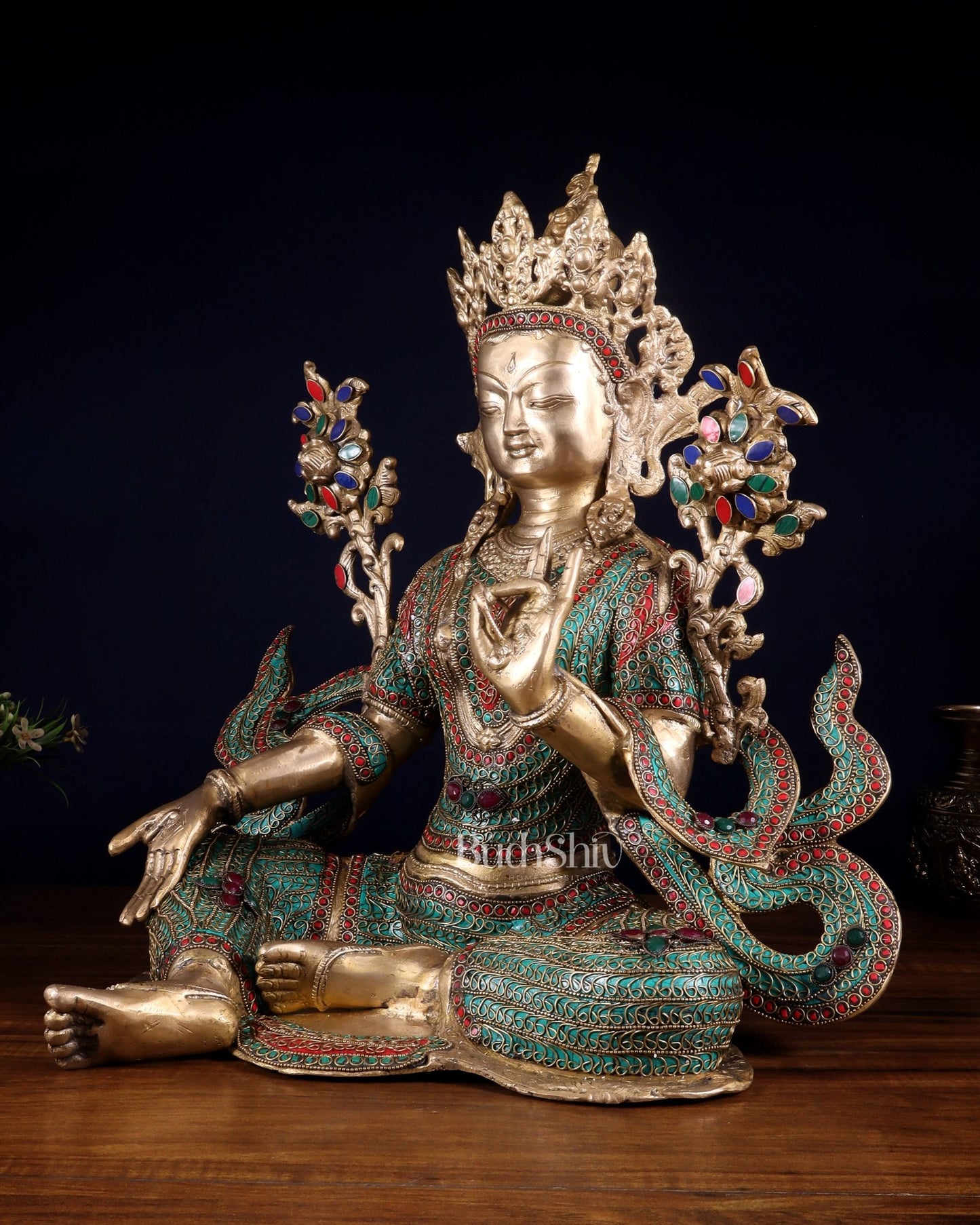 Large Brass Green Tara Statue with Nepalese Meenakari & Stonework | 18.5 Inch - Budhshiv.com