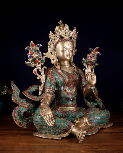 Large Brass Green Tara Statue with Nepalese Meenakari & Stonework | 18.5 Inch - Budhshiv.com