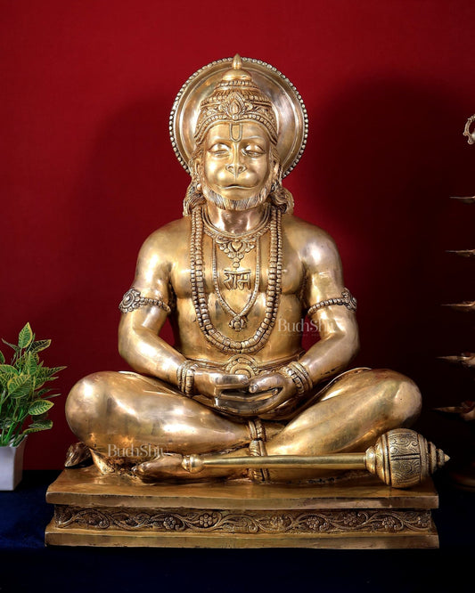Large Brass Hanuman Meditation Statue | Temple Grade Sculpture 32.5 inch - Budhshiv.com