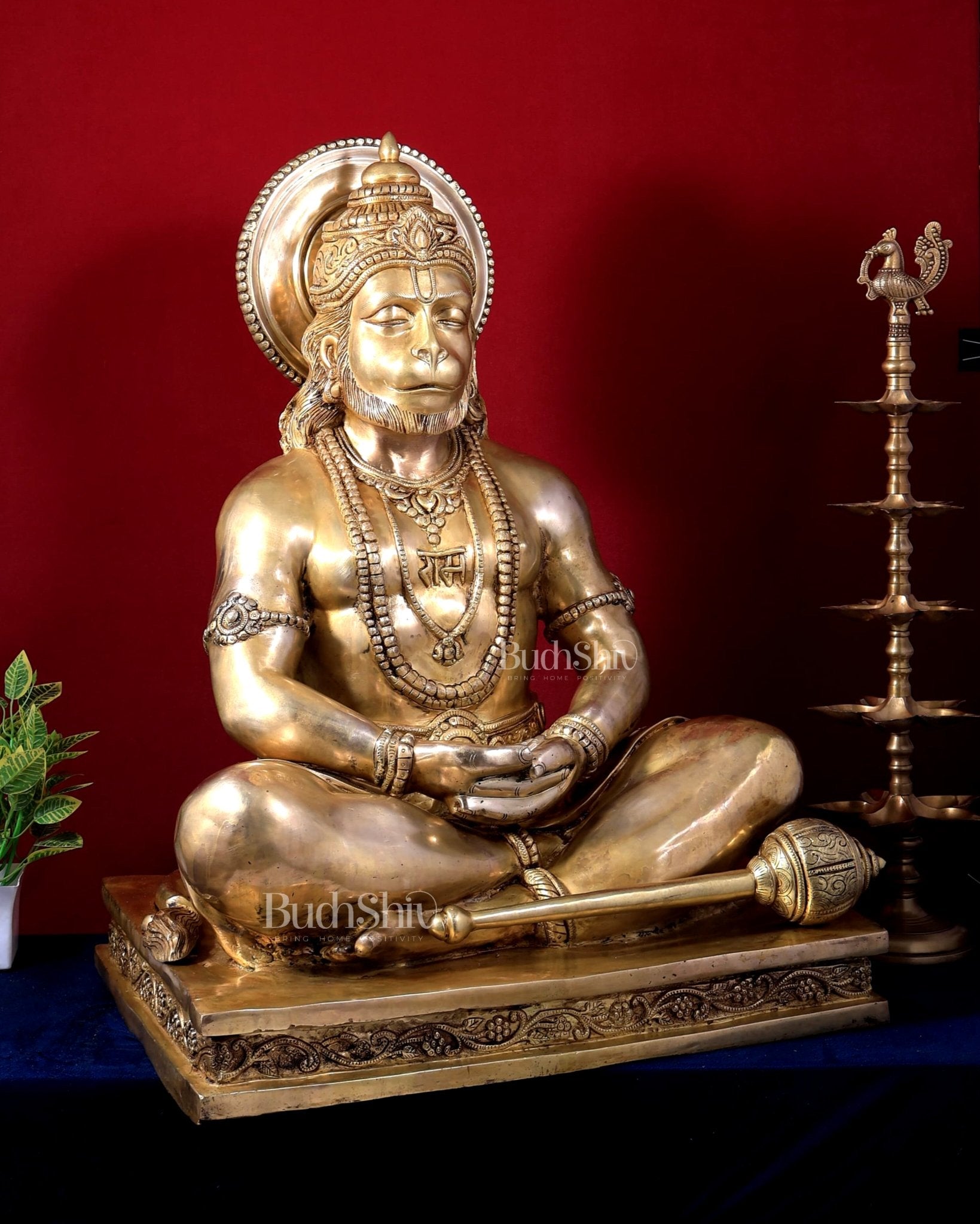 Large Brass Hanuman Meditation Statue | Temple Grade Sculpture 32.5 inch - Budhshiv.com