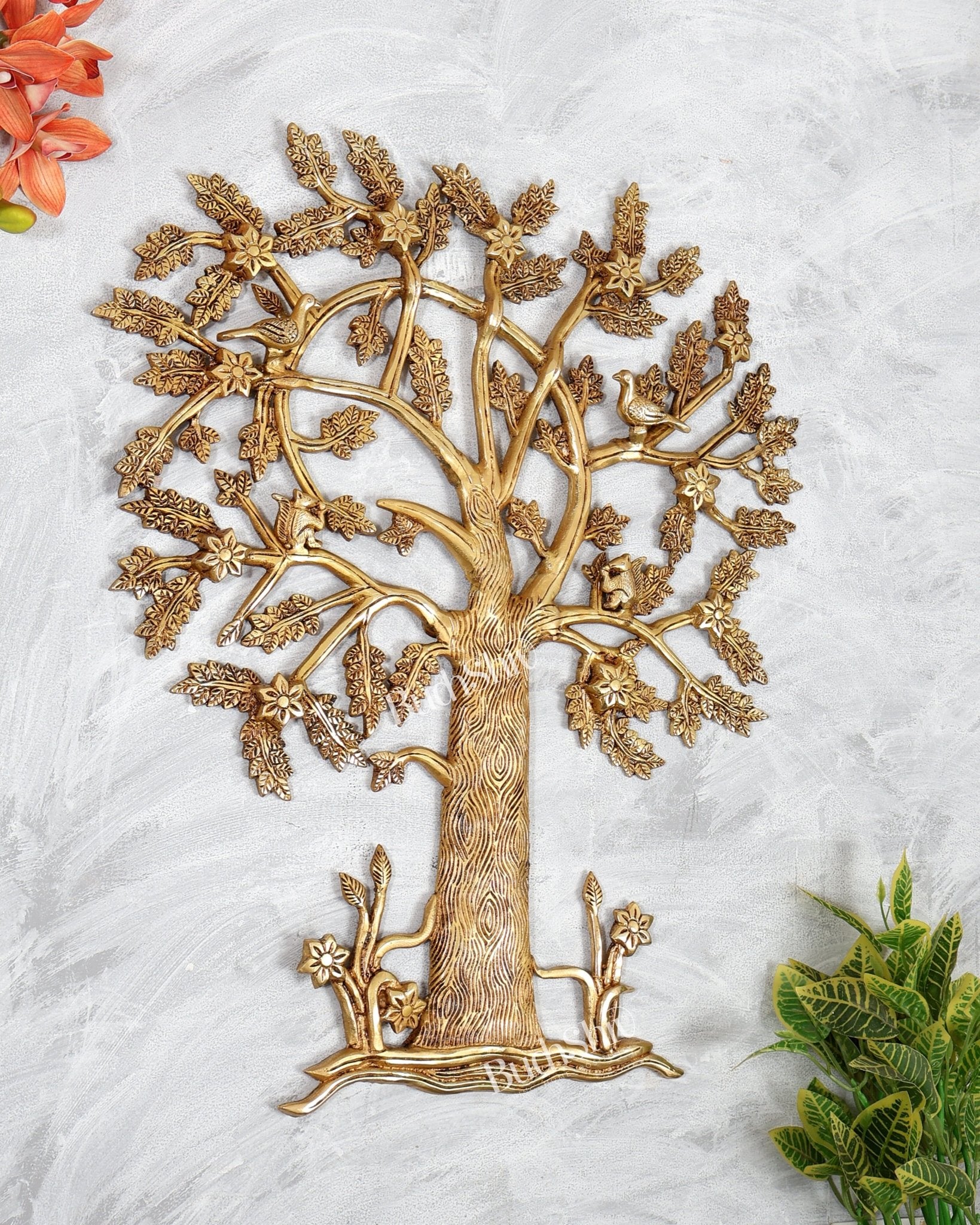 Large Brass Kalpavriksha Tree Wall Hanging with Birds & Squirrels – 21 Inch Divine Decor - Budhshiv.com