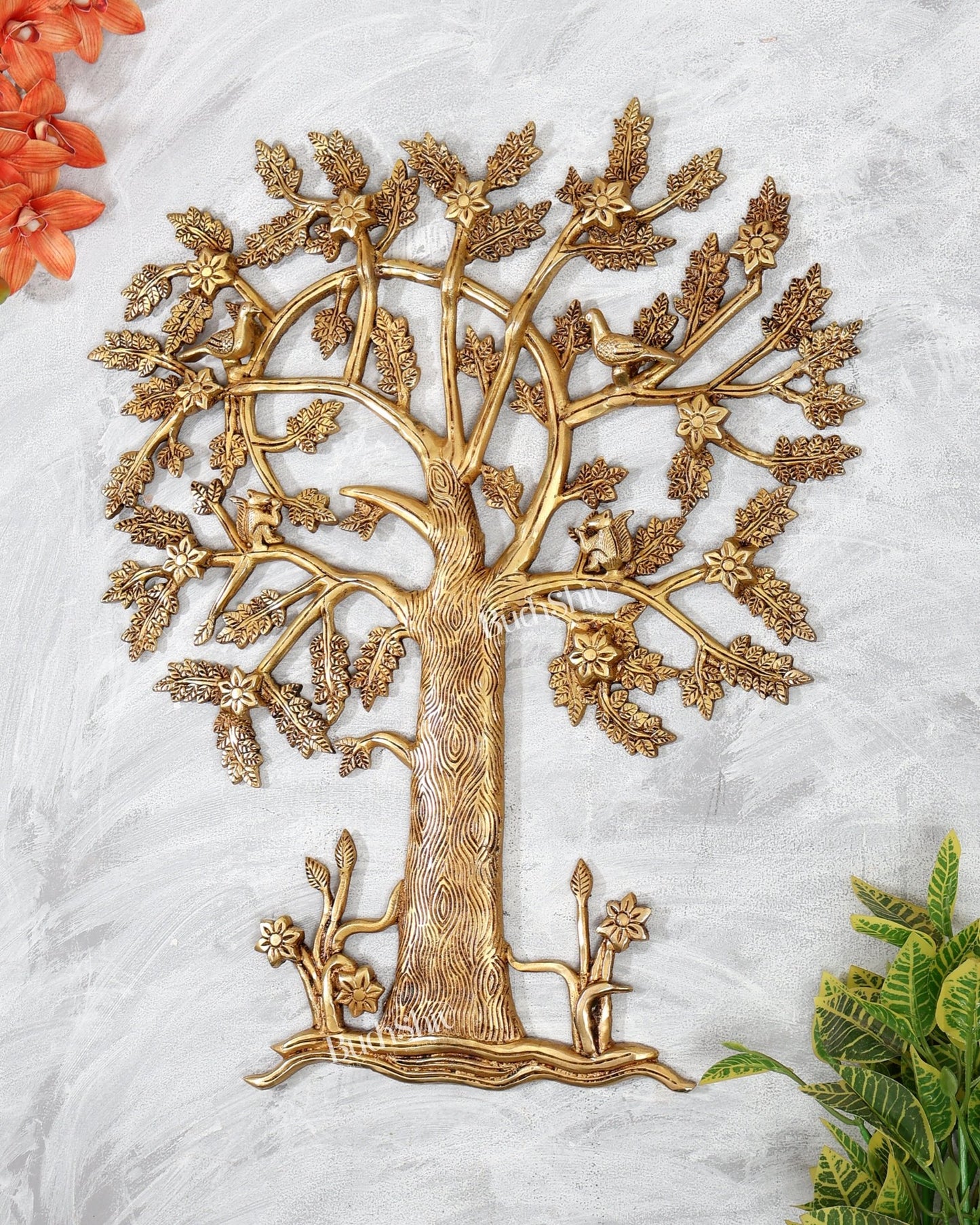 Large Brass Kalpavriksha Tree Wall Hanging with Birds & Squirrels – 21 Inch Divine Decor - Budhshiv.com