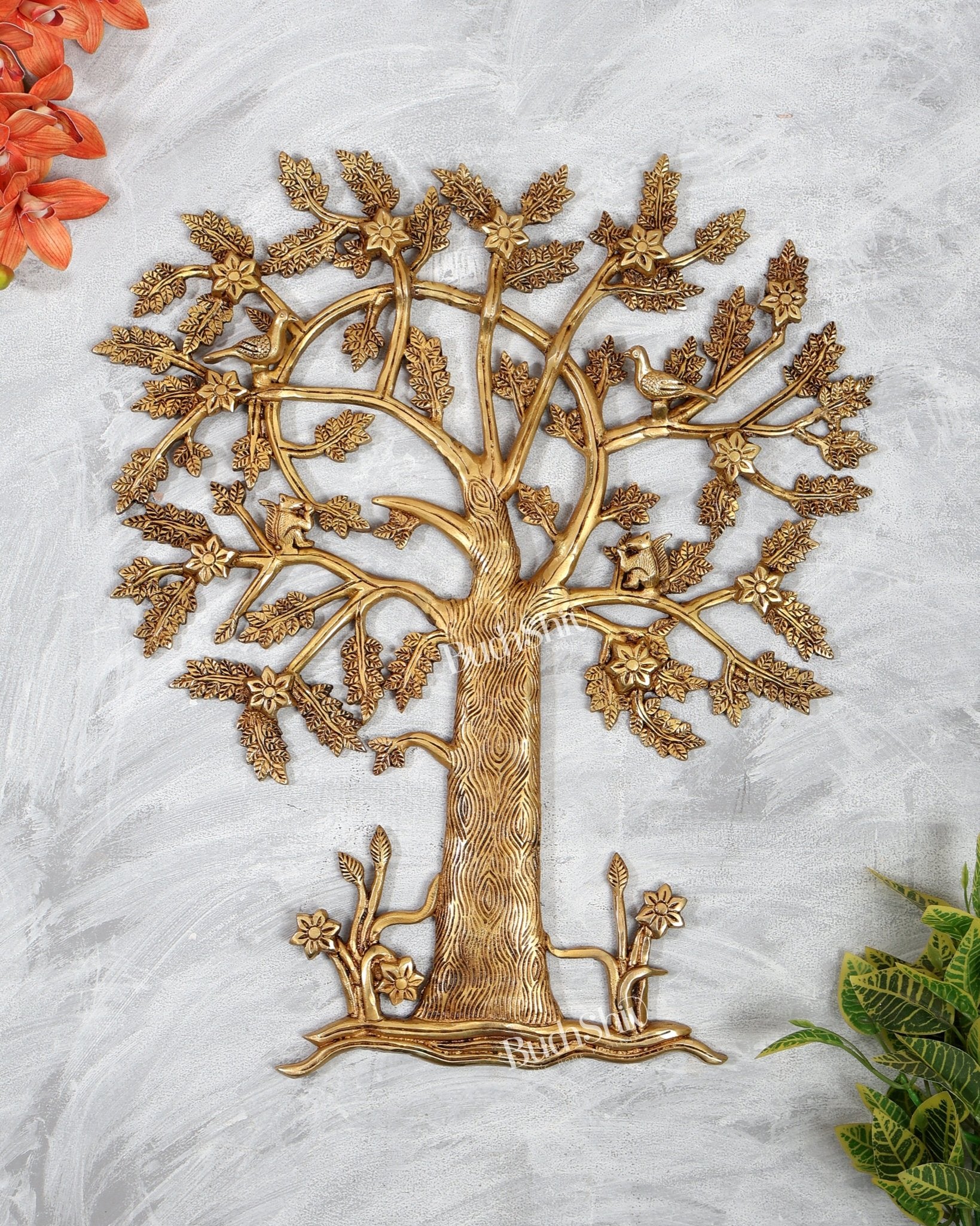 Large Brass Kalpavriksha Tree Wall Hanging with Birds & Squirrels – 21 Inch Divine Decor - Budhshiv.com
