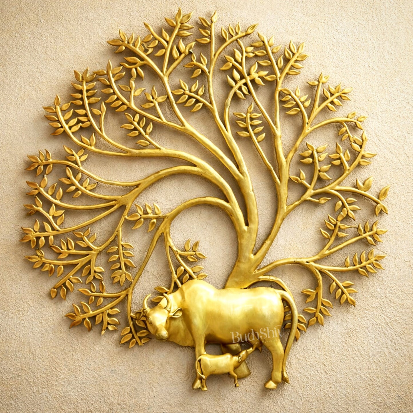 Large Brass Kalpavriksha Tree Wall Hanging with Kamdhenu Cow – Sacred Wish - Fulfilling Tree Artefact 44" - Budhshiv.com