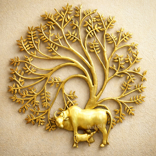 Large Brass Kalpavriksha Tree Wall Hanging with Kamdhenu Cow – Sacred Wish - Fulfilling Tree Artefact 44" - Budhshiv.com