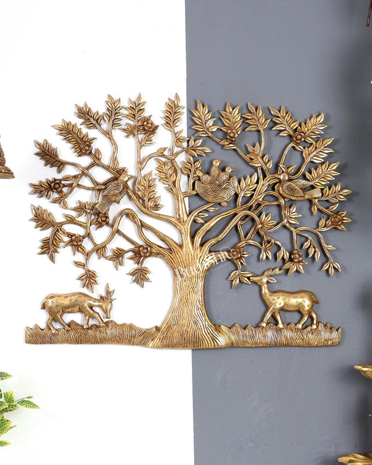 Large Brass Kalpavriksha Wall Hanging with Deers & Birds – 28"x22.5" Enhanced carvings - Budhshiv.com