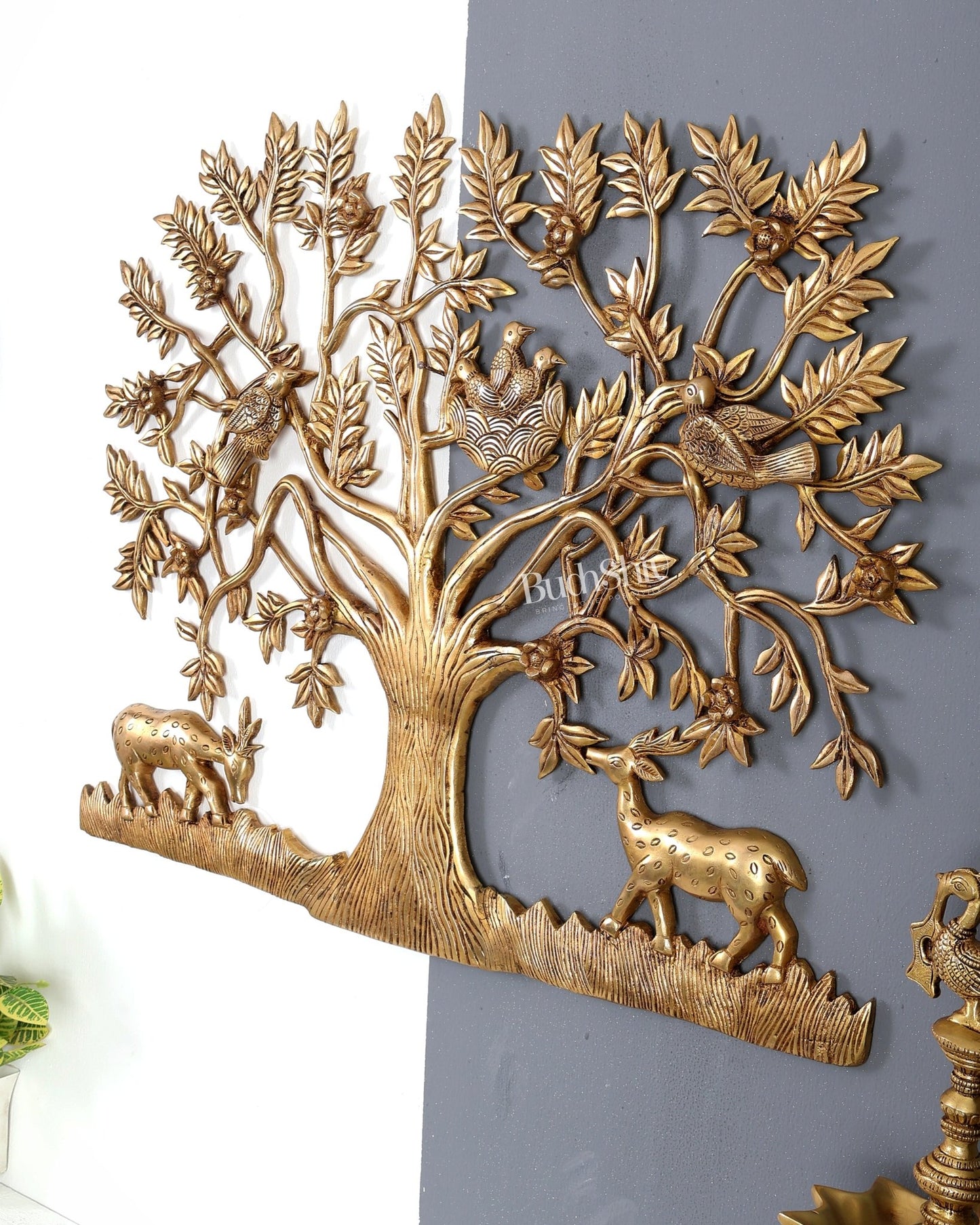 Large Brass Kalpavriksha Wall Hanging with Deers & Birds – 28"x22.5" Enhanced carvings - Budhshiv.com