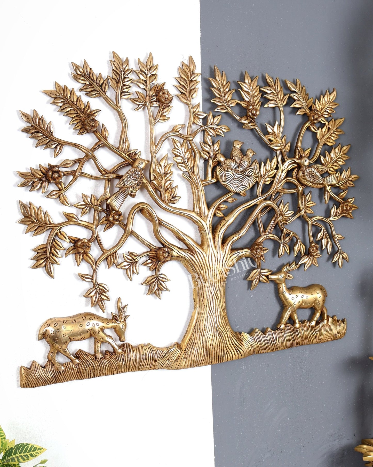 Large Brass Kalpavriksha Wall Hanging with Deers & Birds – 28"x22.5" Enhanced carvings - Budhshiv.com
