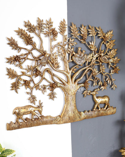 Large Brass Kalpavriksha Wall Hanging with Deers & Birds – 28"x22.5" Enhanced carvings - Budhshiv.com
