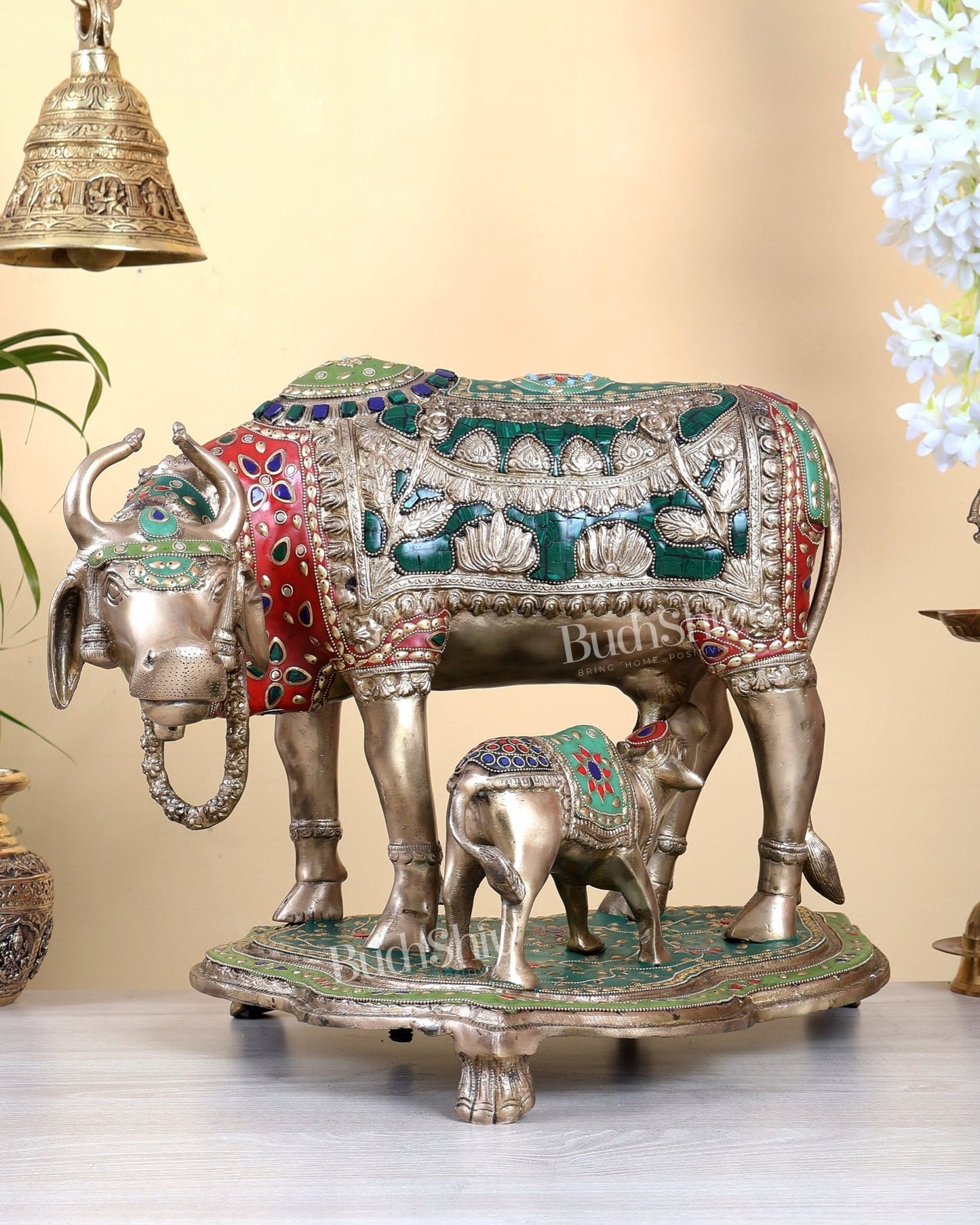 Large Brass Kamadhenu Cow with Calf Statue – Multicolour Meenakari Sacred Sculpture 18" wide - Budhshiv.com