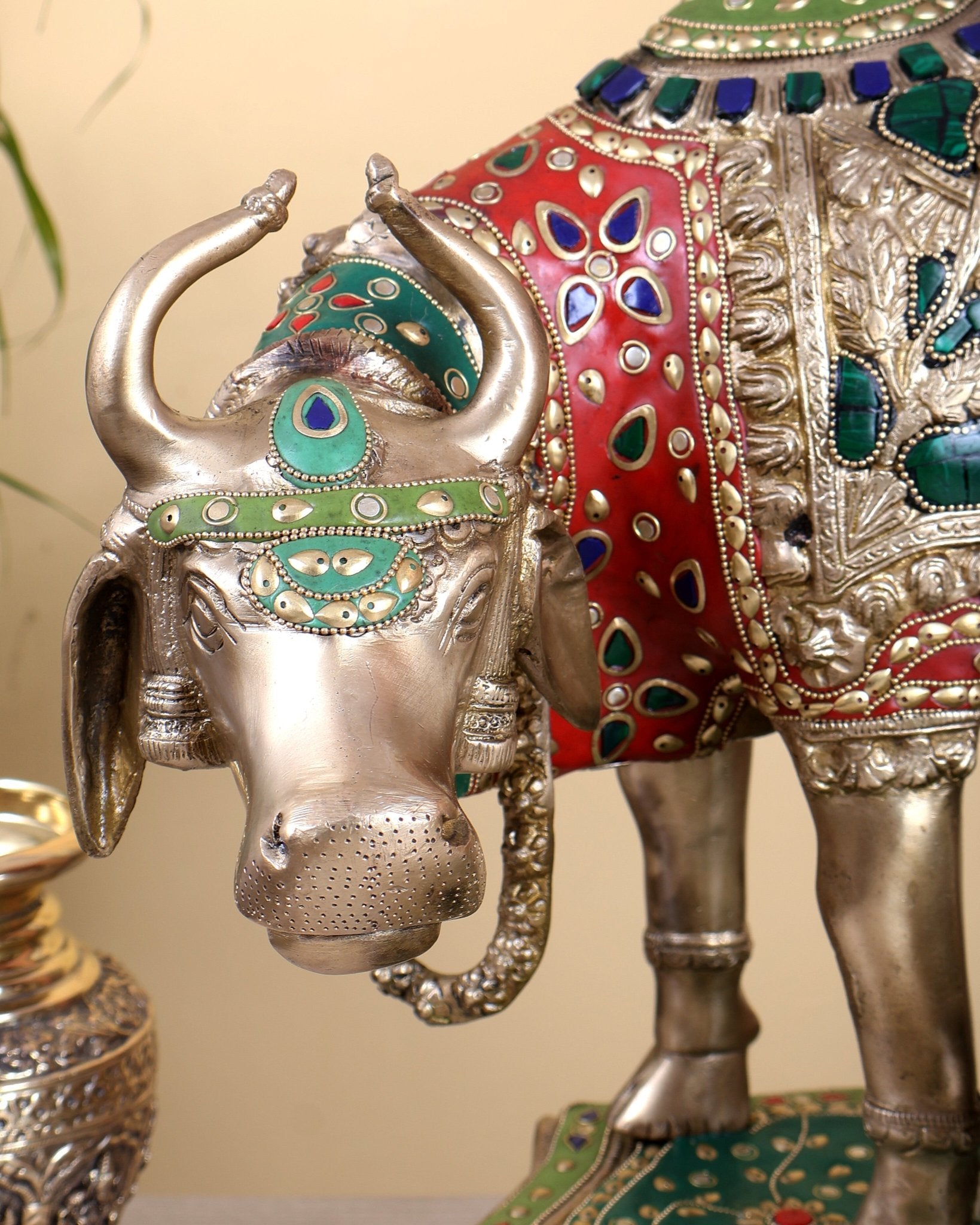 Large Brass Kamadhenu Cow with Calf Statue – Multicolour Meenakari Sacred Sculpture 18" wide - Budhshiv.com