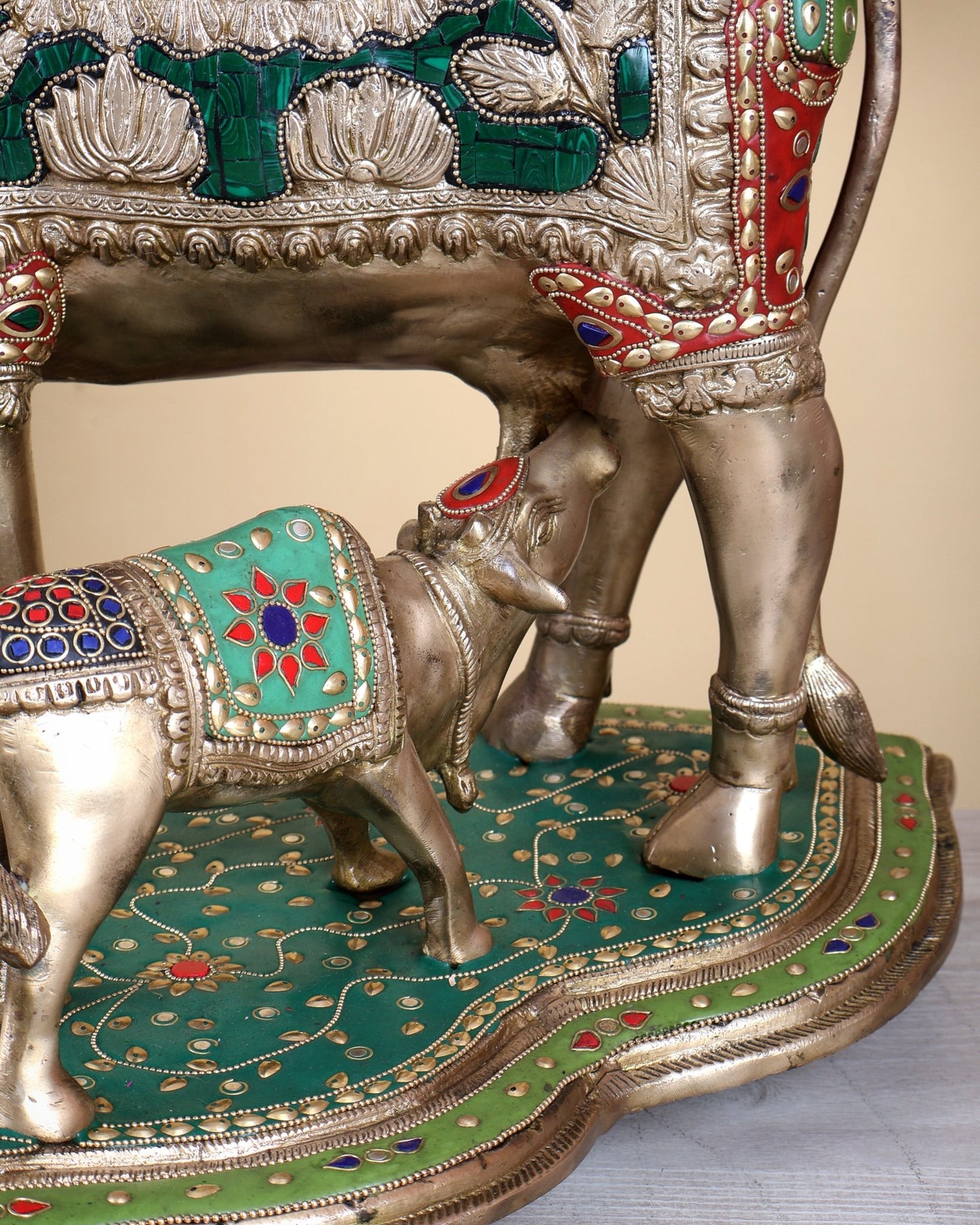Large Brass Kamadhenu Cow with Calf Statue – Multicolour Meenakari Sacred Sculpture 18" wide - Budhshiv.com
