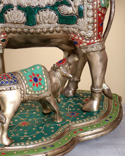 Large Brass Kamadhenu Cow with Calf Statue – Multicolour Meenakari Sacred Sculpture 18" wide - Budhshiv.com