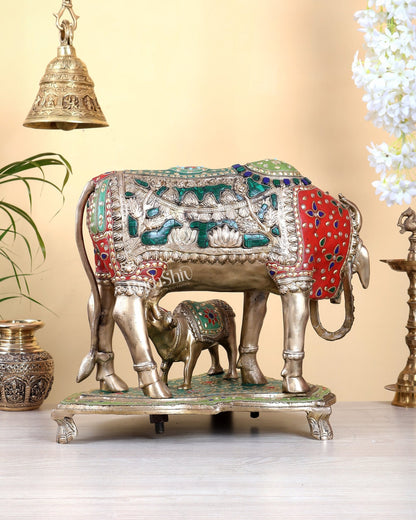 Large Brass Kamadhenu Cow with Calf Statue – Multicolour Meenakari Sacred Sculpture 18" wide - Budhshiv.com