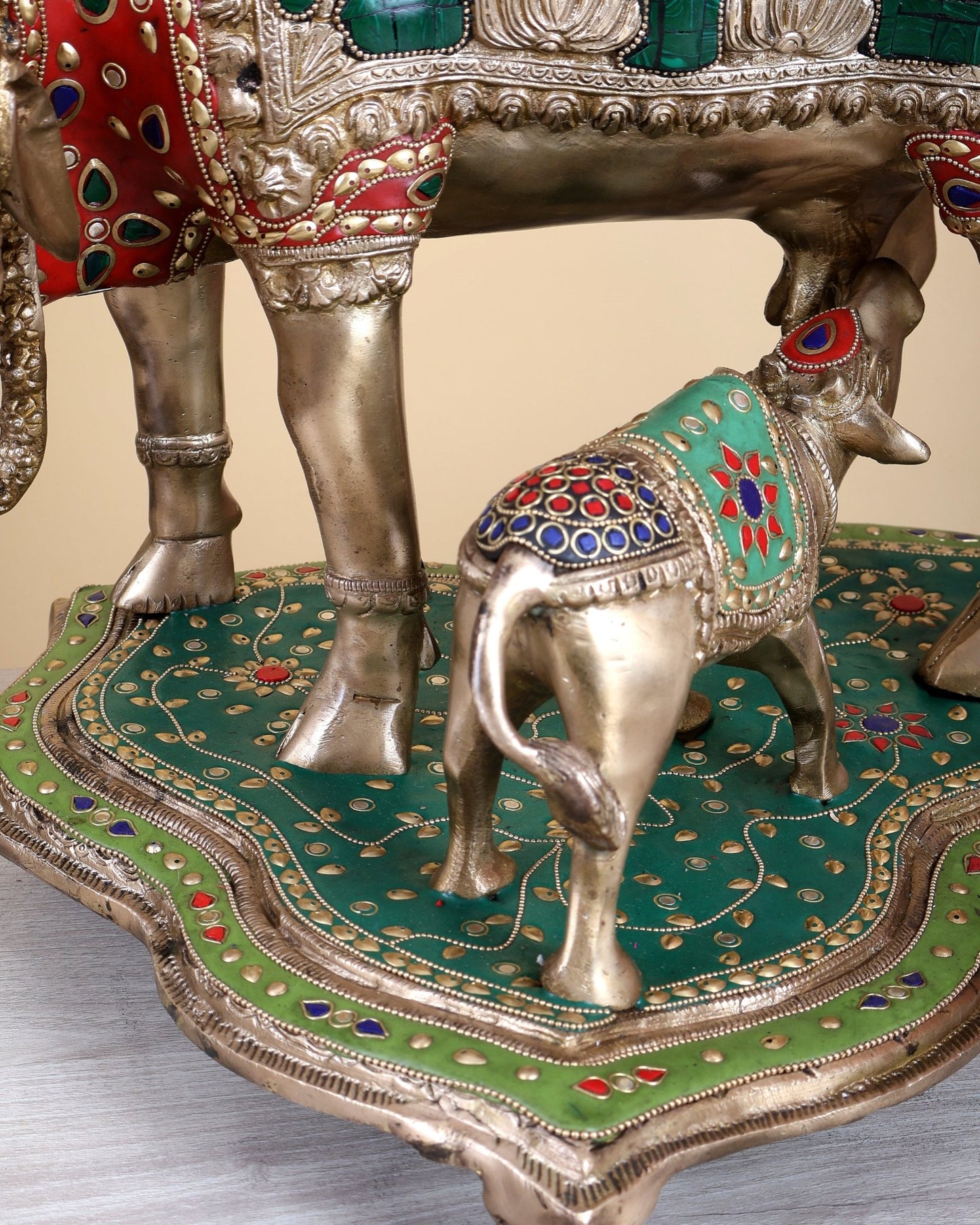 Large Brass Kamadhenu Cow with Calf Statue – Multicolour Meenakari Sacred Sculpture 18" wide - Budhshiv.com