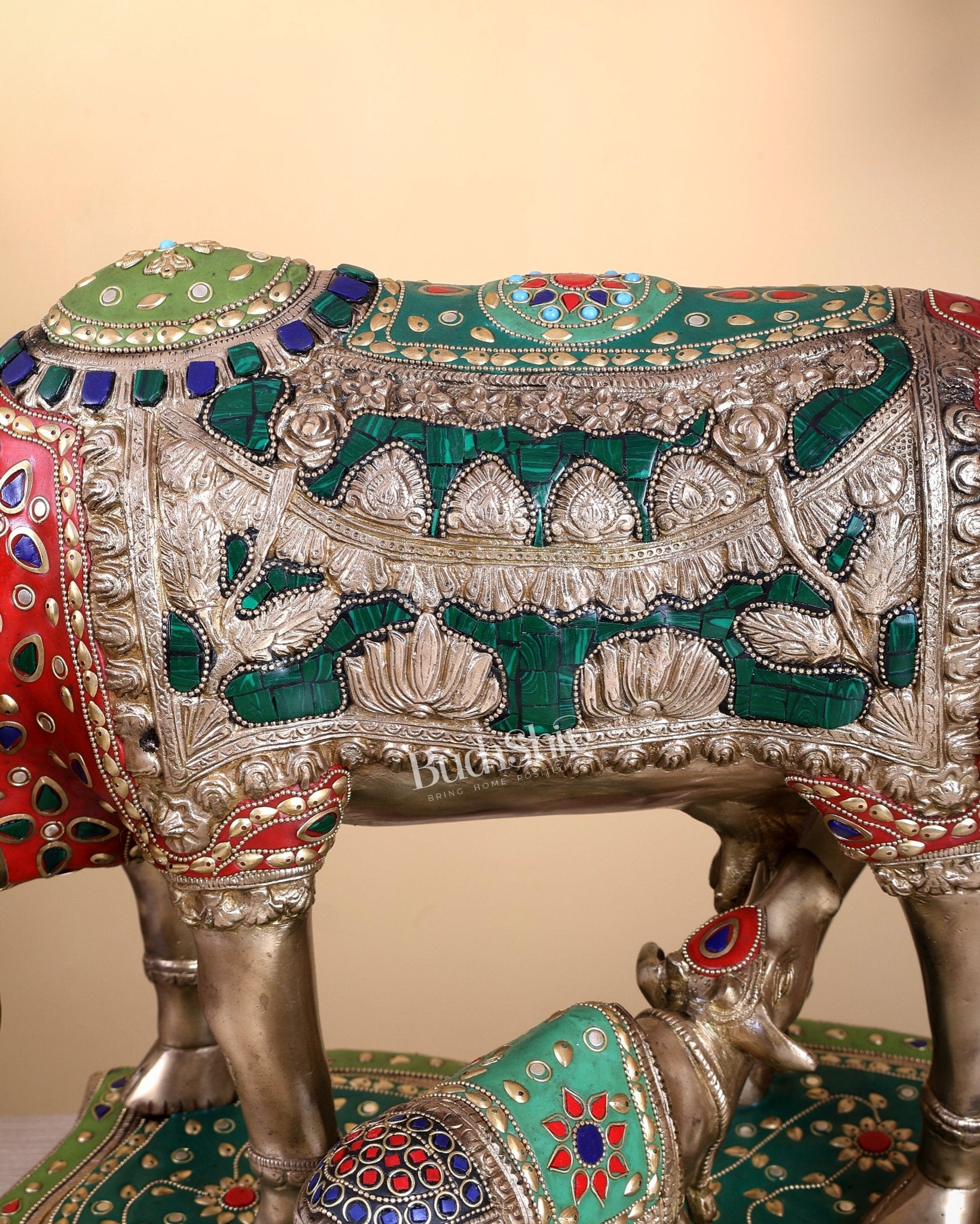 Large Brass Kamadhenu Cow with Calf Statue – Multicolour Meenakari Sacred Sculpture 18" wide - Budhshiv.com