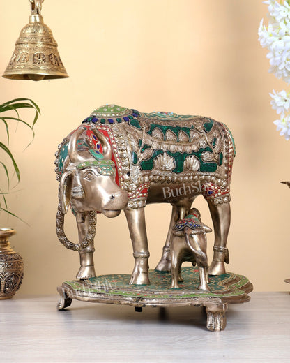 Large Brass Kamadhenu Cow with Calf Statue – Multicolour Meenakari Sacred Sculpture 18" wide - Budhshiv.com