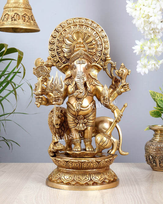 Large Brass Kana Drishti Ganesha Standing with Lion Statue | (18 inch/ 12kg) - Budhshiv.com