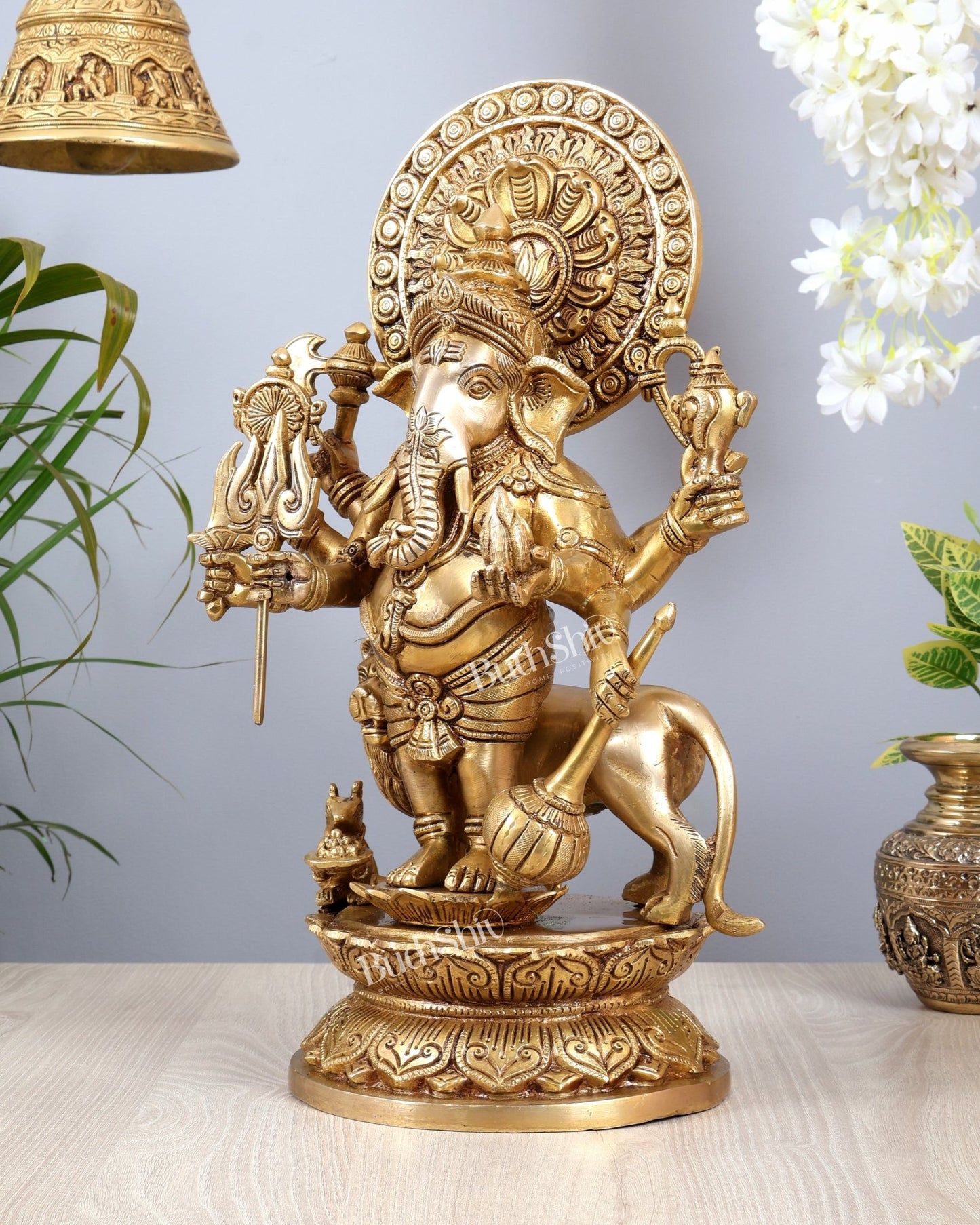 Large Brass Kana Drishti Ganesha Standing with Lion Statue | (18 inch/ 12kg) - Budhshiv.com