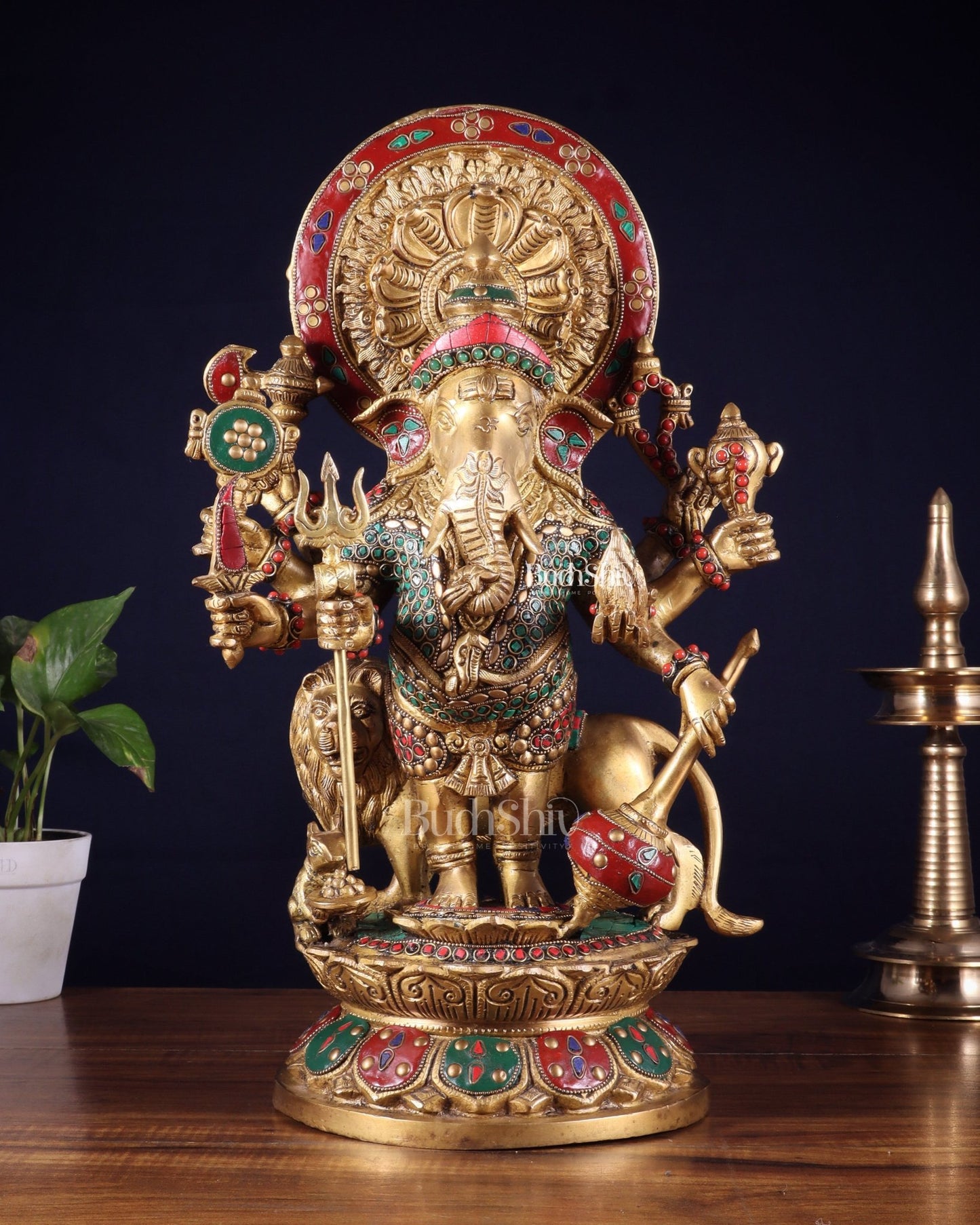 Large Brass Kana Drishti Ganesha Standing with Lion Statue 18 inch - Budhshiv.com