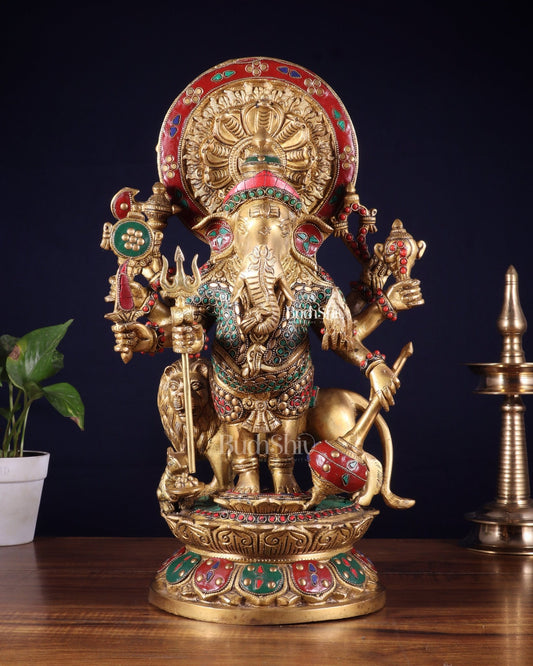 Large Brass Kana Drishti Ganesha Standing with Lion Statue 18 inch - Budhshiv.com
