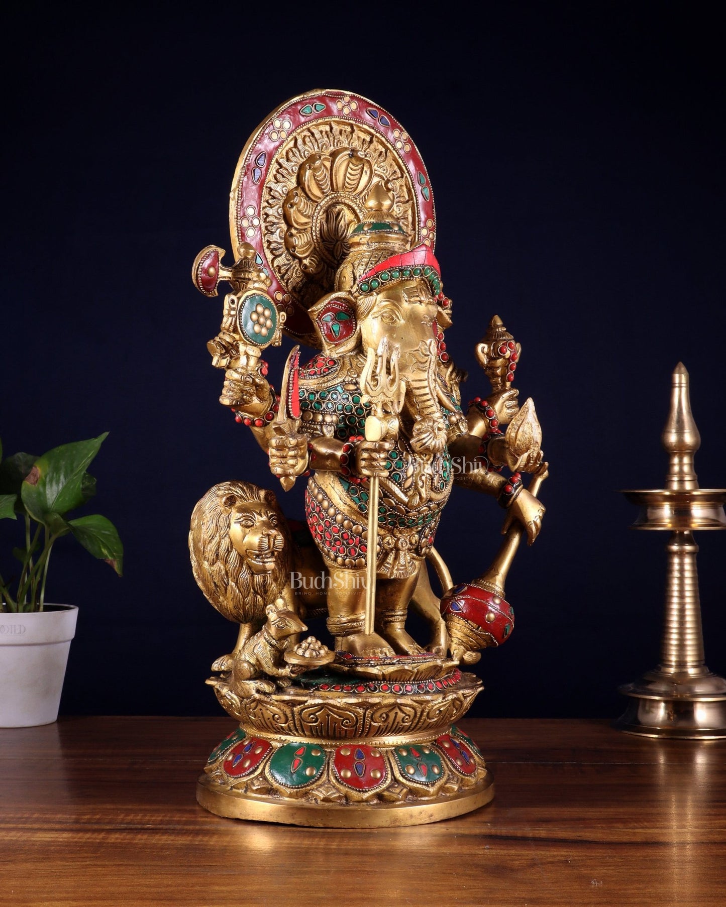 Large Brass Kana Drishti Ganesha Standing with Lion Statue 18 inch - Budhshiv.com