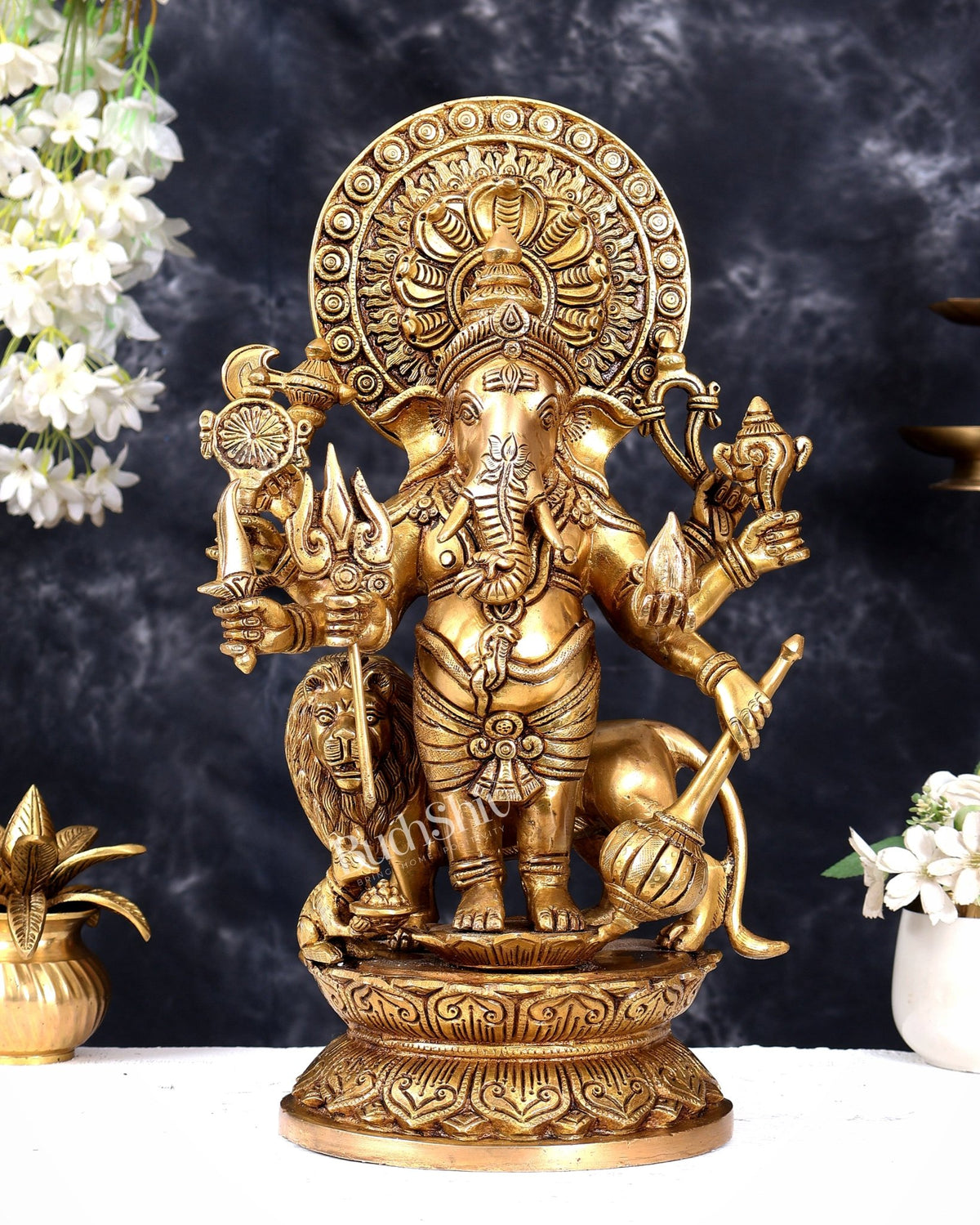 Large Brass KanaDrishti Ganesha Standing with Lion Statue 18 inch dull gold - Budhshiv.com