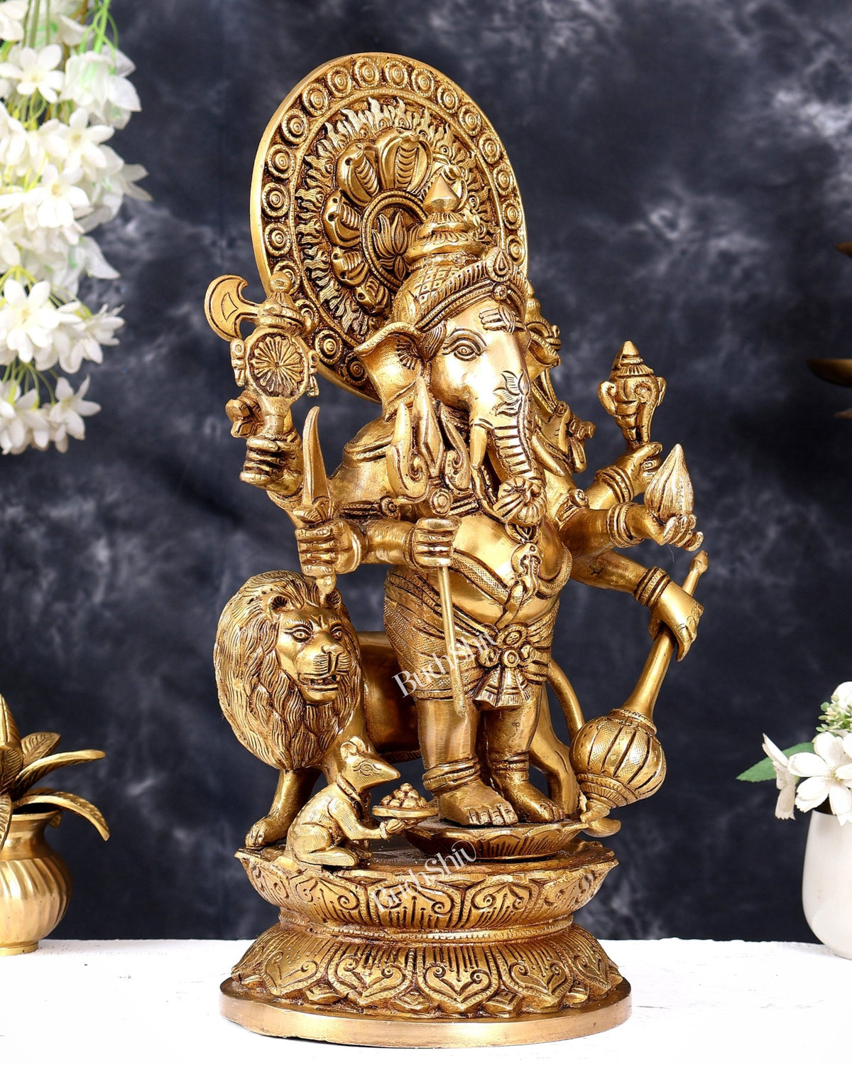 Large Brass KanaDrishti Ganesha Standing with Lion Statue 18 inch dull gold - Budhshiv.com