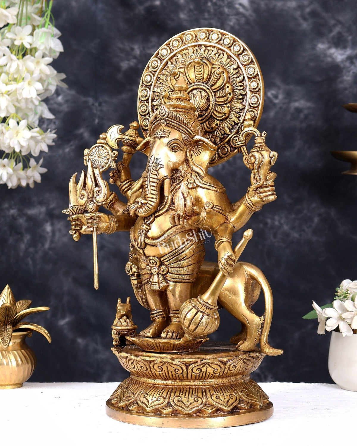 Large Brass KanaDrishti Ganesha Standing with Lion Statue 18 inch dull gold - Budhshiv.com