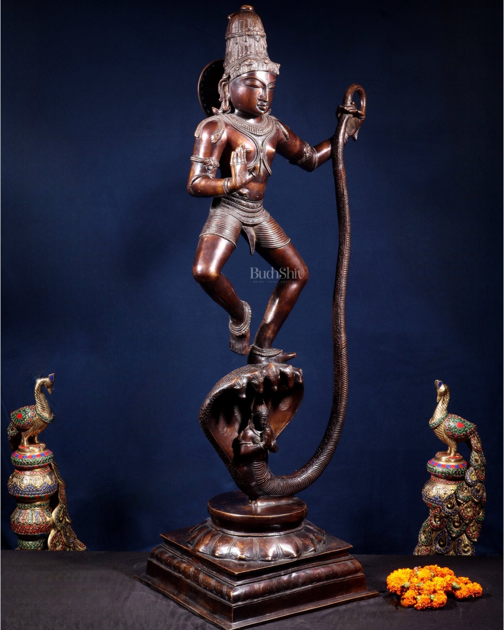 Large Brass Krishna Dancing on Kaliya Naag – 42” Chola Replica - Budhshiv.com