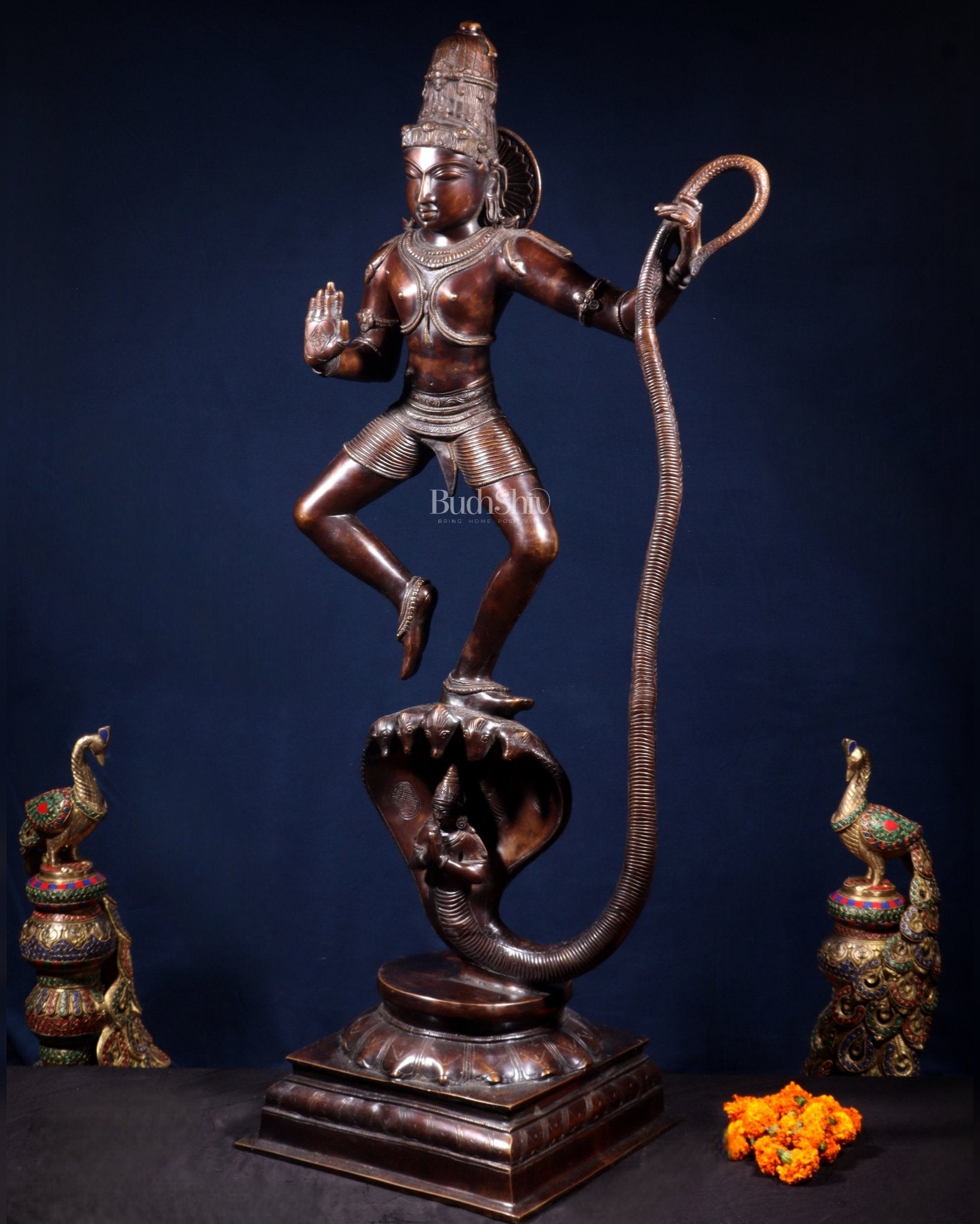 Large Brass Krishna Dancing on Kaliya Naag – 42” Chola Replica - Budhshiv.com
