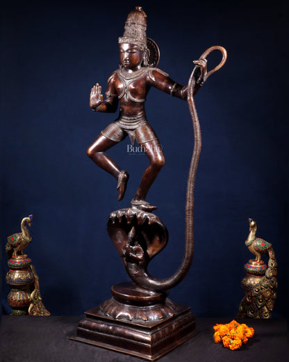 Large Brass Krishna Dancing on Kaliya Naag – 42” Chola Replica - Budhshiv.com