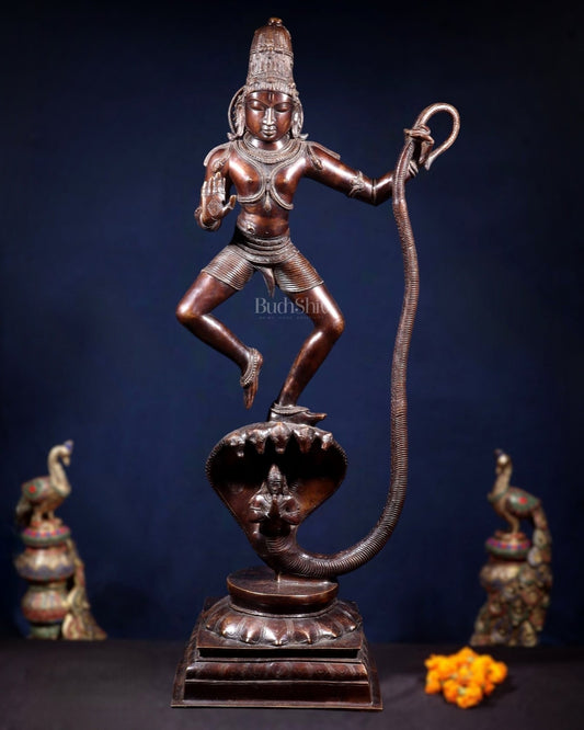 Large Brass Krishna Dancing on Kaliya Naag – 42” Chola Replica - Budhshiv.com