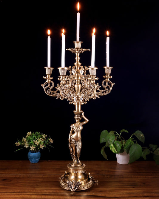 Large Brass Lady Candle Holder – 7 Arm Majestic Decor 24 inch - Budhshiv.com