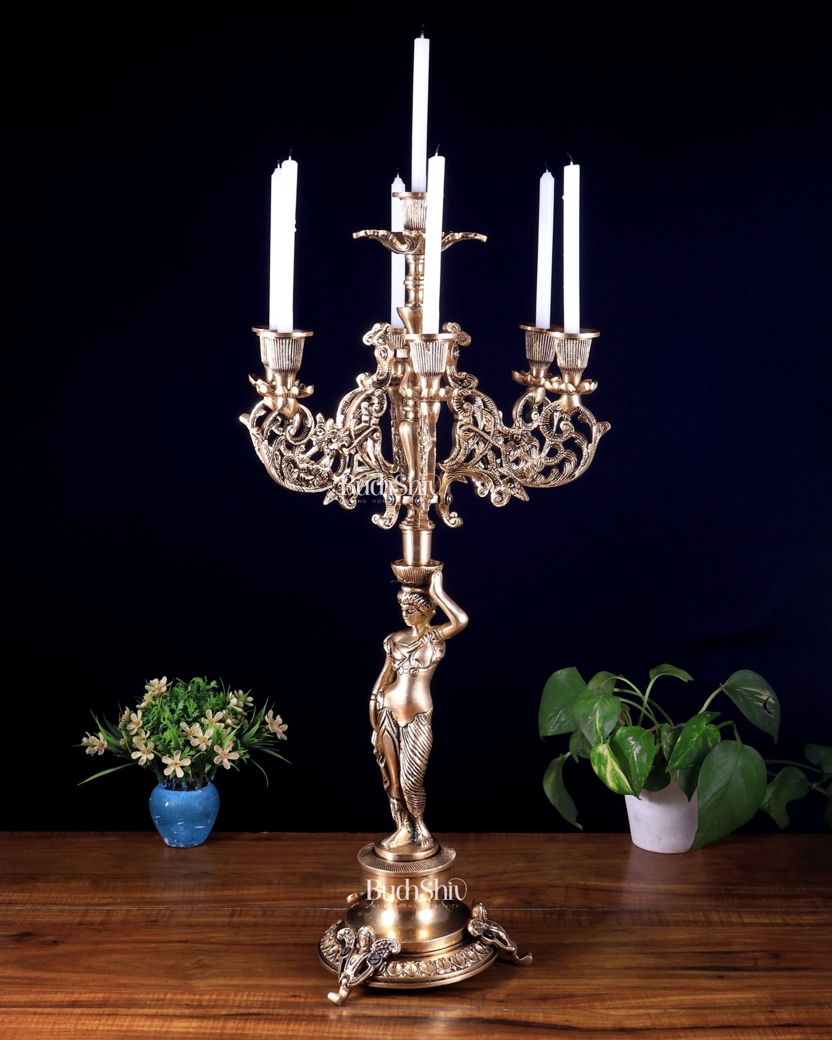 Large Brass Lady Candle Holder – 7 Arm Majestic Decor 24 inch - Budhshiv.com