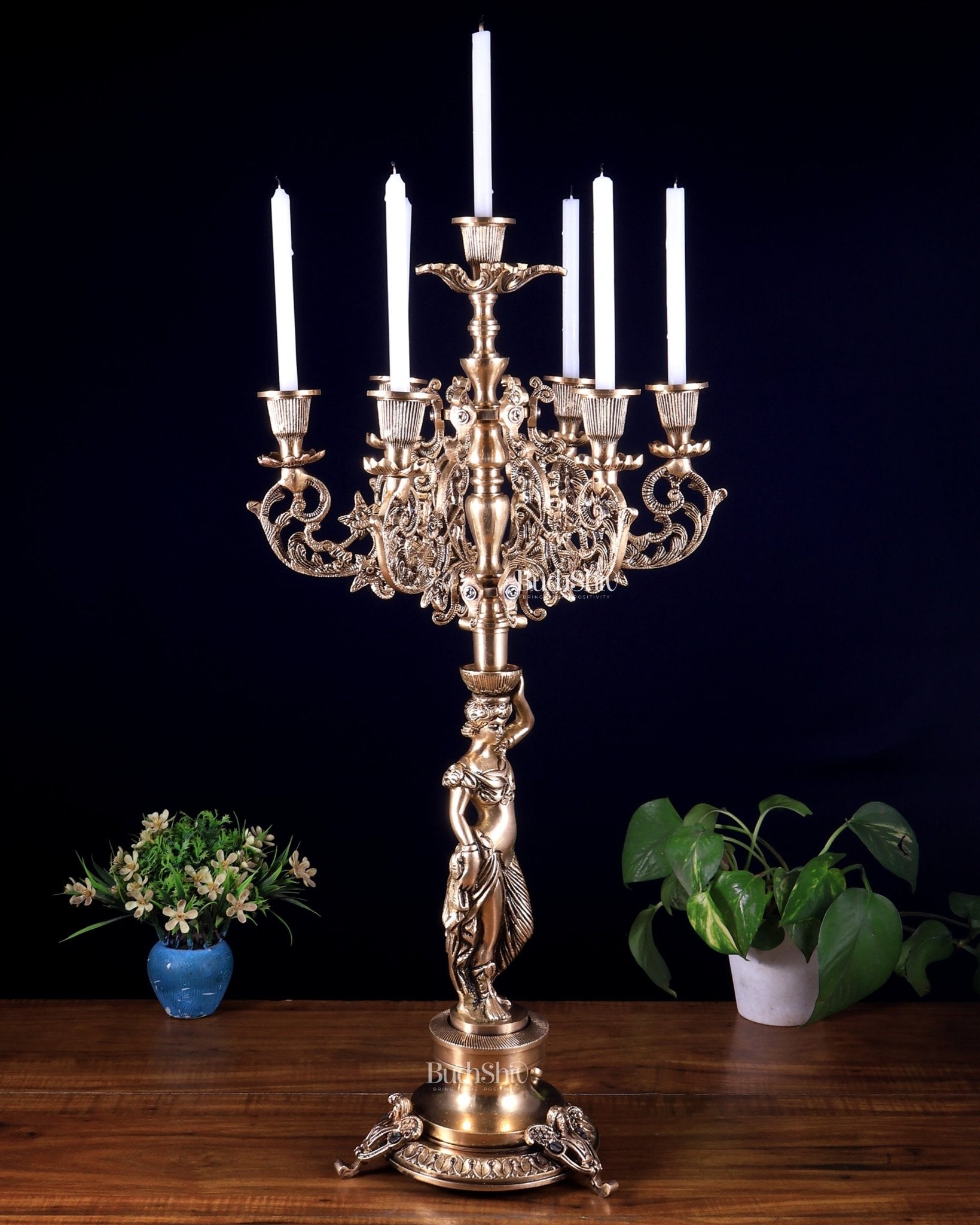 Large Brass Lady Candle Holder – 7 Arm Majestic Decor 24 inch - Budhshiv.com