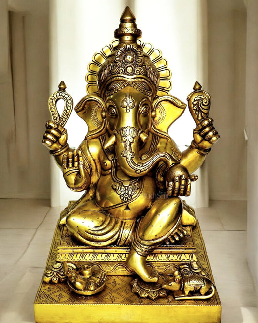 Large Brass Lord Ganesha Idol - 26.5" Handcrafted Superfine Statue - Budhshiv.com