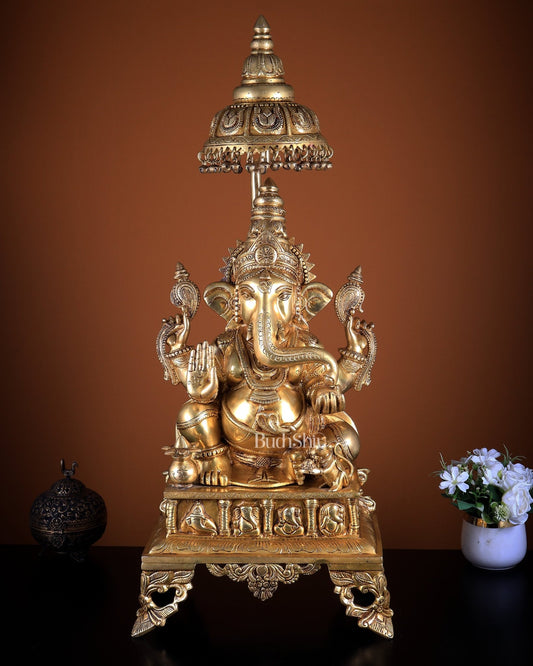 Large Brass Lord Ganesha Statue with Chattar (Umbrella) Throne | Temple Grade 34 inch - Budhshiv.com