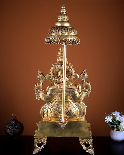 Large Brass Lord Ganesha Statue with Chattar (Umbrella) Throne | Temple Grade 34 inch - Budhshiv.com