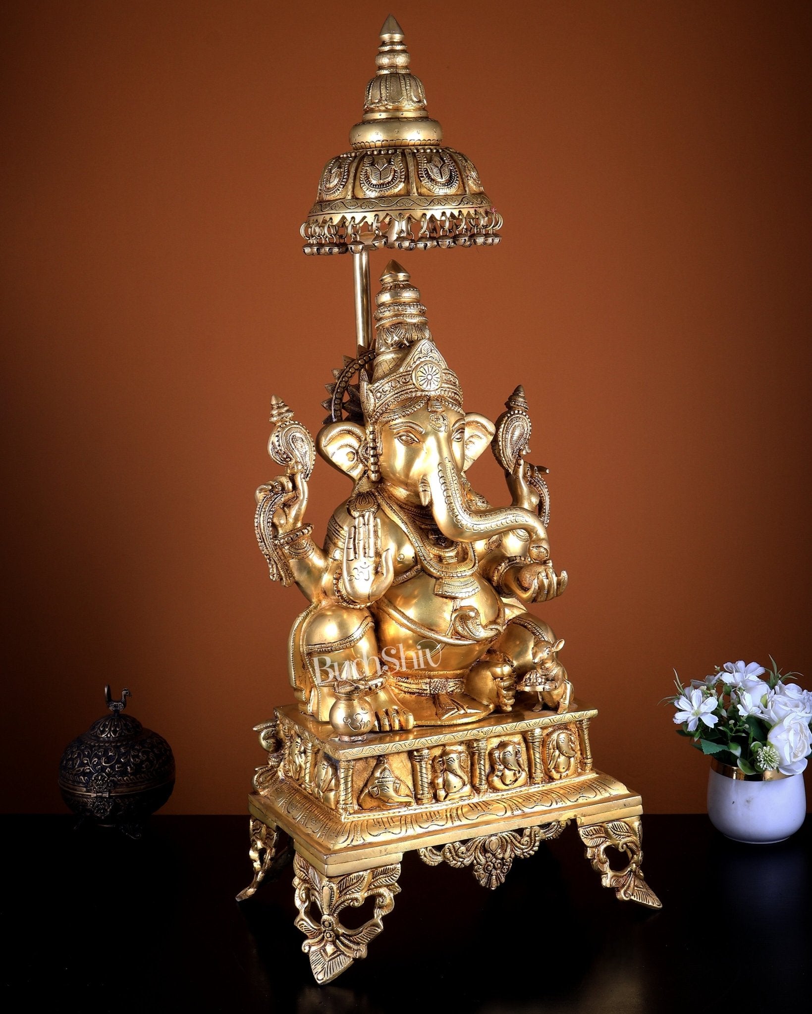 Large Brass Lord Ganesha Statue with Chattar (Umbrella) Throne | Temple Grade 34 inch - Budhshiv.com