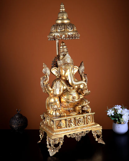 Large Brass Lord Ganesha Statue with Chattar (Umbrella) Throne | Temple Grade 34 inch - Budhshiv.com