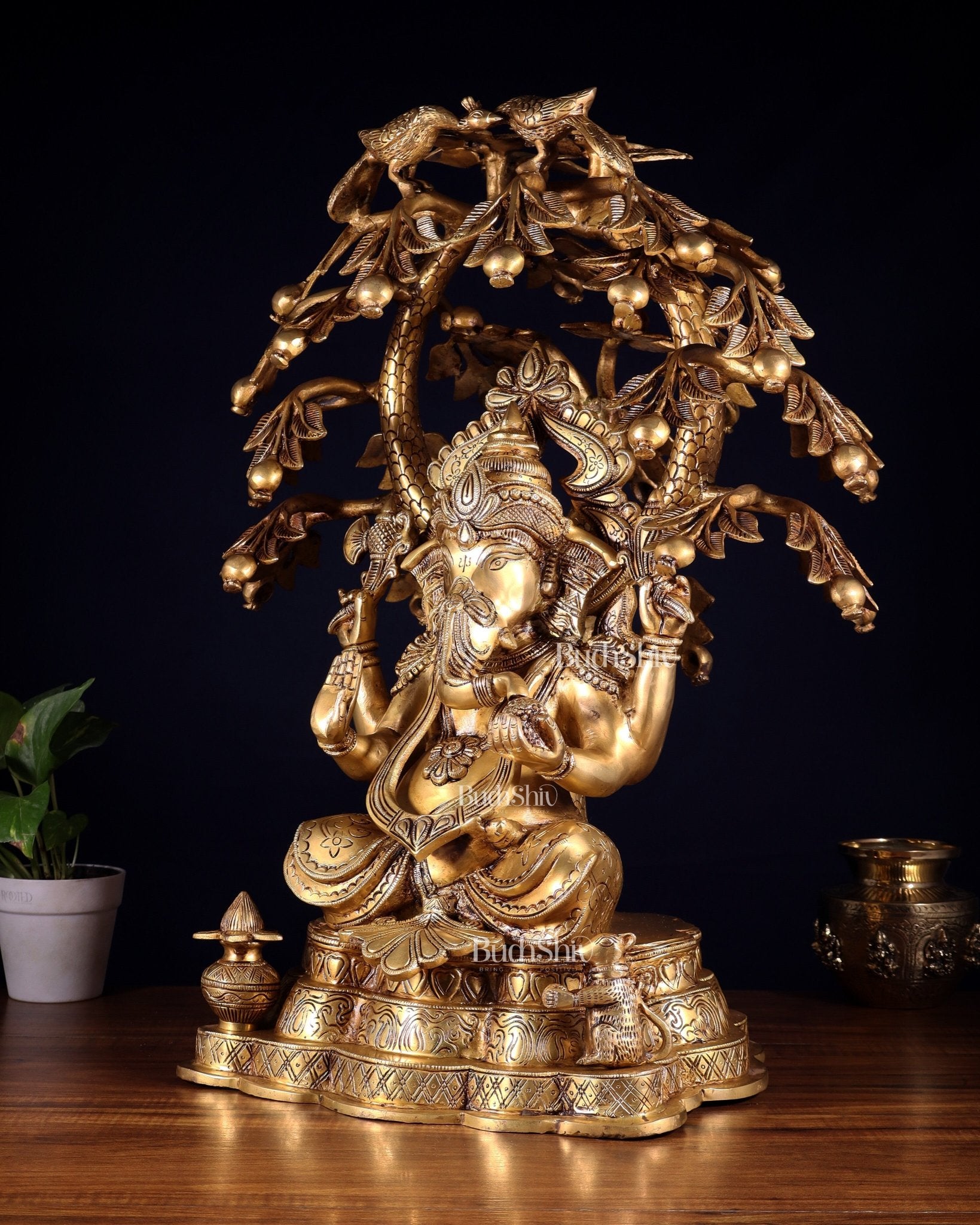 Large Brass Lord Ganesha under Tree statue - 24 inches - Budhshiv.com