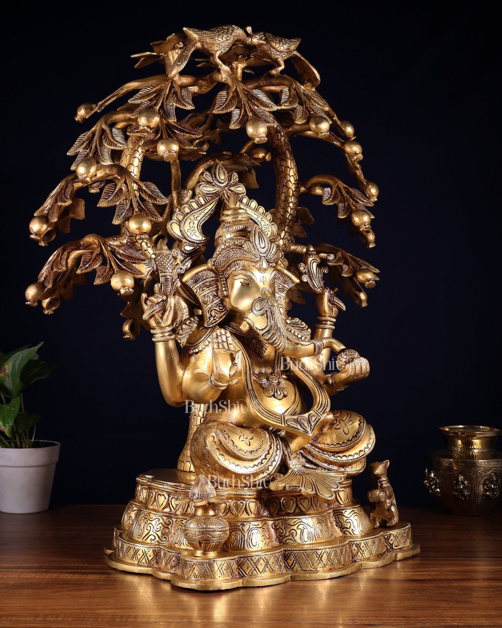 Large Brass Lord Ganesha under Tree statue - 24 inches - Budhshiv.com