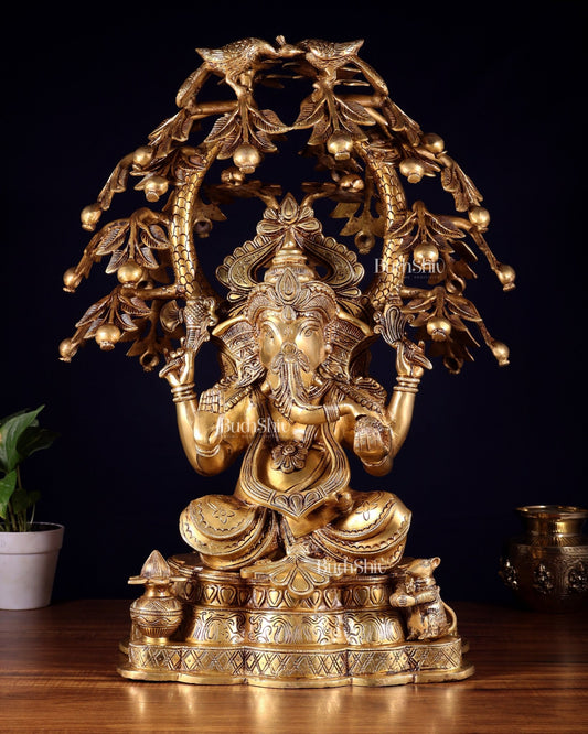 Large Brass Lord Ganesha under Tree statue - 24 inches - Budhshiv.com